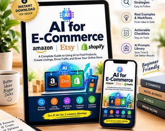 Puede incluir: Un libro electrónico digital titulado AI for E-Commerce que se muestra en la pantalla de una tableta y un teléfono inteligente. La portada presenta los logotipos de Amazon, Etsy y Shopify, con texto sobre estrategias de marketing.