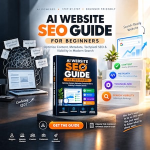 May include: A dark blue book titled AI Website SEO Guide for Beginners, featuring a laptop, a staircase graphic with icons for content, metadata, technical SEO, and search visibility, plus text overlays about optimizing content and metadata.