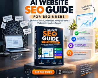 Puede incluir: Un libro azul oscuro titulado AI Website SEO Guide for Beginners, que muestra una computadora portátil, un gráfico de escalera con iconos de contenido, metadatos, SEO técnico y visibilidad, además de texto sobre optimización de contenido.