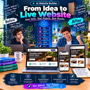 May include: An AI website builder advertisement featuring text From Idea to Live Website, a laptop, smartphone, and tablet displaying a coffee shop site, a stack of books labeled AI & Automation, Web Development, SEO & Marketing, and Digital Business.
