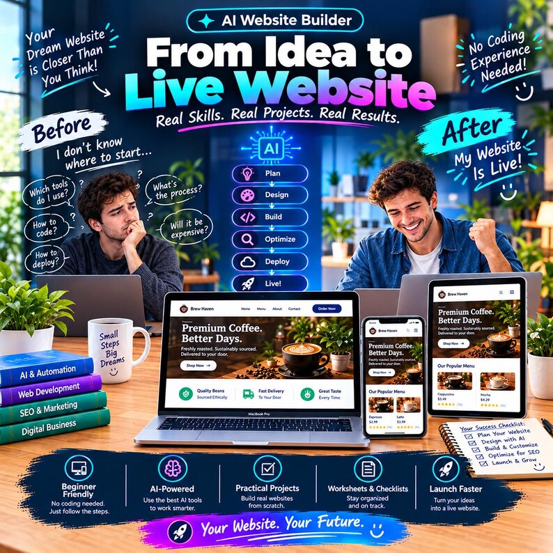 May include: An AI website builder advertisement featuring text From Idea to Live Website, a laptop, smartphone, and tablet displaying a coffee shop site, a stack of books labeled AI & Automation, Web Development, SEO & Marketing, and Digital Business.