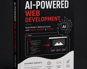Puede incluir: Un libro de tapa dura negro titulado AI-POWERED WEB DEVELOPMENT: Build Modern Websites Faster with Claude, ChatGPT & AI Tools por Suvadwip Samanta. La portada presenta un gráfico blanco de una interfaz informática, un icono de cerebro y símbolos de código.
