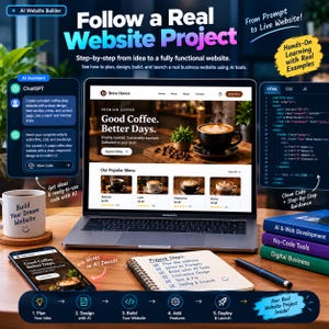 May include: A laptop displaying a coffee shop website, a smartphone, a mug with the text Build Your Dream Website, a notebook with a project checklist, and a pen. The screen shows the text Follow a Real Website Project and Brew Haven.