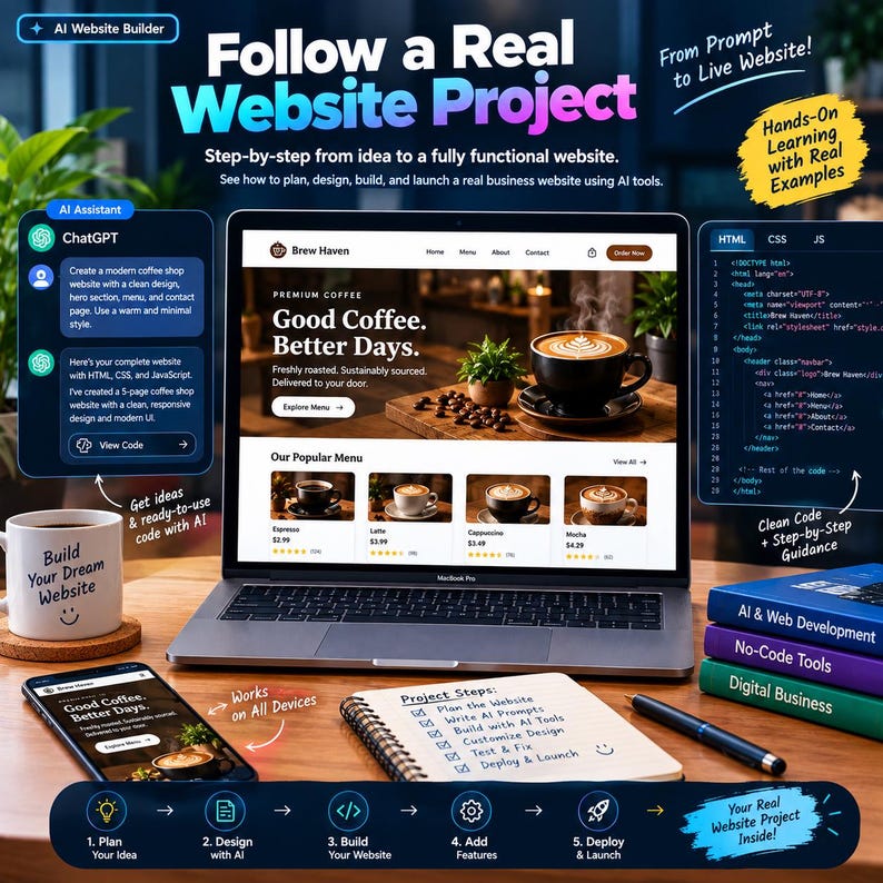 May include: A laptop displaying a coffee shop website, a smartphone, a mug with the text Build Your Dream Website, a notebook with a project checklist, and a pen. The screen shows the text Follow a Real Website Project and Brew Haven.