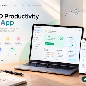May include: A laptop and smartphone displaying the Focus Workspace ADHD productivity web app interface. The screen shows a dashboard with a focus timer, task planner, and daily plan. Text includes "ADHD Productivity Web App" and "Your focus. Your rules." alongside icons for various planning tools.