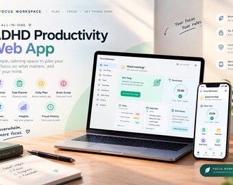 Puede incluir: Un ordenador portátil y un smartphone muestran la interfaz de la aplicación web de productividad Focus Workspace. La pantalla presenta un panel con temporizador, planificador de tareas y plan diario. El texto incluye "ADHD Productivity Web App" y "Your focus. Your rules." junto a iconos de herramientas.