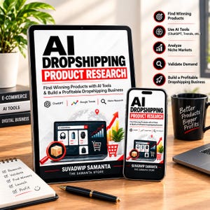 May include: A tablet and a smartphone displaying an AI Dropshipping Product Research guide by Suvadwip Samanta. The screens show a laptop graphic, icons for ChatGPT, Google Trends, and Niche Research, alongside a list of business steps.
