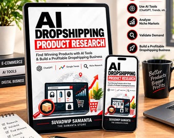 Puede incluir: Una tableta y un teléfono inteligente que muestran una guía de investigación de productos de dropshipping con IA de Suvadwip Samanta. Las pantallas muestran un gráfico de portátil, iconos de ChatGPT, Google Trends y Niche Research.