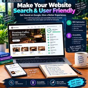 May include: A laptop displaying a website for Brew Haven, a smartphone showing a Google search result, and a spiral notebook with an SEO and accessibility checklist. A white mug with text sits nearby, surrounded by books labeled SEO, Web Accessibility, and Digital Growth.