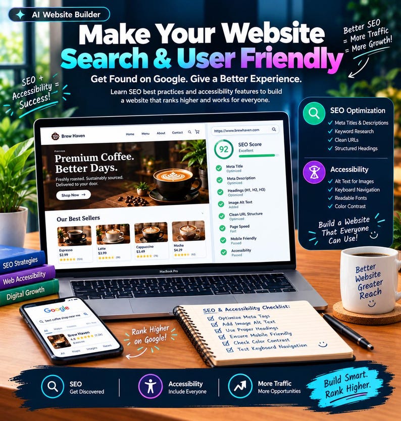 May include: A laptop displaying a website for Brew Haven, a smartphone showing a Google search result, and a spiral notebook with an SEO and accessibility checklist. A white mug with text sits nearby, surrounded by books labeled SEO, Web Accessibility, and Digital Growth.
