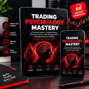 May include: A tablet and smartphone displaying the digital book cover Trading Psychology Mastery, featuring a red brain silhouette, stock market charts, and text about mindset, emotional control, risk management, and disciplined decision-making.