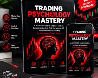 Puede incluir: Una tableta y un teléfono inteligente muestran la portada del libro digital Trading Psychology Mastery, con una silueta de cerebro rojo, gráficos bursátiles y texto sobre mentalidad, control emocional, gestión de riesgos y disciplina.