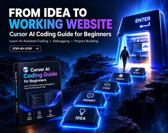 Puede incluir: Un libro digital titulado Cursor AI Coding Guide for Beginners con una portada que muestra fragmentos de código. El fondo presenta un camino de teclas de teclado brillantes etiquetadas como Idea, Prompt, Code, Debug y Build hacia un portal.