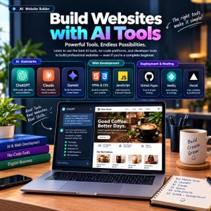 May include: A laptop displaying a website builder interface with text reading Build Websites with AI Tools, Powerful Tools. Endless Possibilities. Icons for ChatGPT, Claude, Gemini, HTML, CSS, JavaScript, GitHub, Netlify, and Vercel are shown above.