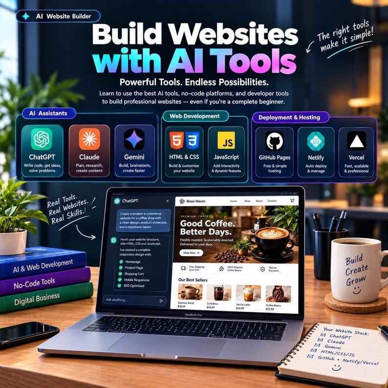 May include: A laptop displaying a website builder interface with text reading Build Websites with AI Tools, Powerful Tools. Endless Possibilities. Icons for ChatGPT, Claude, Gemini, HTML, CSS, JavaScript, GitHub, Netlify, and Vercel are shown above.