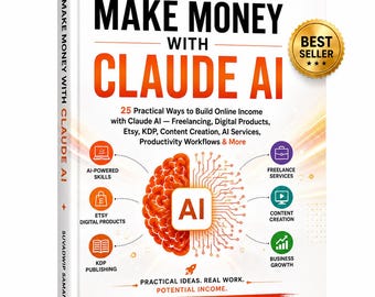 Puede incluir: Un libro edición 2026 titulado Make Money with Claude AI de Suvadwip Samanta. La portada blanca presenta un gráfico central de cerebro naranja con líneas de circuito, un icono de IA y un sello dorado de best seller. El texto detalla 25 formas prácticas.