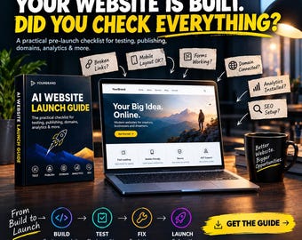 Puede incluir: Un libro de guía de lanzamiento de sitios web con IA y una computadora portátil que muestra un sitio con el texto Your Big Idea. Online. La imagen incluye una taza negra con texto, notas de lista de verificación y un gráfico de proceso.