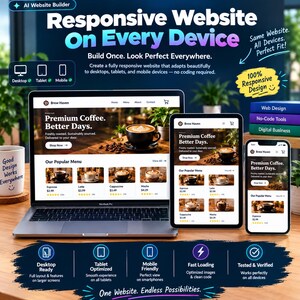 May include: A digital marketing graphic for an AI website builder featuring a laptop, tablet, and smartphone displaying a coffee shop website. Text includes Responsive Website On Every Device, Build Once. Look Perfect Everywhere, and One Website. Endless Possibilities. Icons indicate desktop, tablet, and mobile compatibility.