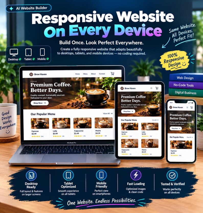 May include: A digital marketing graphic for an AI website builder featuring a laptop, tablet, and smartphone displaying a coffee shop website. Text includes Responsive Website On Every Device, Build Once. Look Perfect Everywhere, and One Website. Endless Possibilities. Icons indicate desktop, tablet, and mobile compatibility.