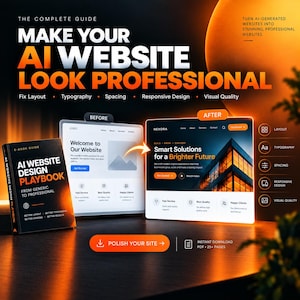 May include: An e-book guide titled AI Website Design Playbook displayed next to two website interface examples labeled Before and After. The text reads Make Your AI Website Look Professional, highlighting layout, typography, spacing, and design.