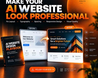 Puede incluir: Una guía en formato e-book titulada AI Website Design Playbook junto a dos ejemplos de interfaz web etiquetados como Before y After. El texto dice Make Your AI Website Look Professional, destacando el diseño, la tipografía y el espaciado.