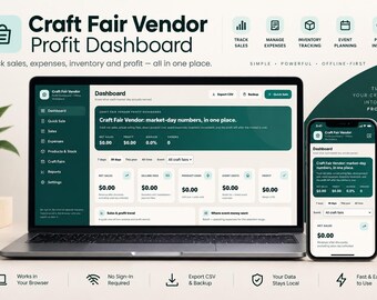Puede incluir: Un ordenador portátil y un teléfono inteligente muestran la interfaz del software Craft Fair Vendor Profit Dashboard. La pantalla presenta métricas financieras, seguimiento de ventas y herramientas de gestión de inventario en verde oscuro y crema.