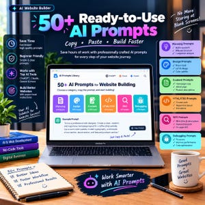 May include: A laptop displaying an AI Prompts Library website with categories for planning, design, content, HTML/CSS, SEO, and debugging. The screen shows 50+ AI Prompts for Website Building. A notebook and a mug with the text Good Prompts = Great Websites are present.