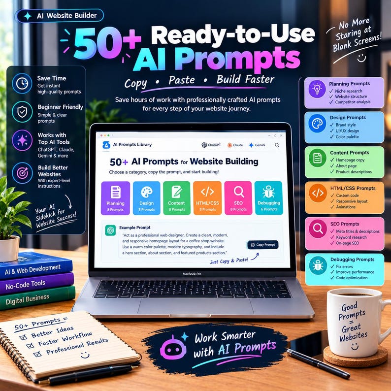 May include: A laptop displaying an AI Prompts Library website with categories for planning, design, content, HTML/CSS, SEO, and debugging. The screen shows 50+ AI Prompts for Website Building. A notebook and a mug with the text Good Prompts = Great Websites are present.