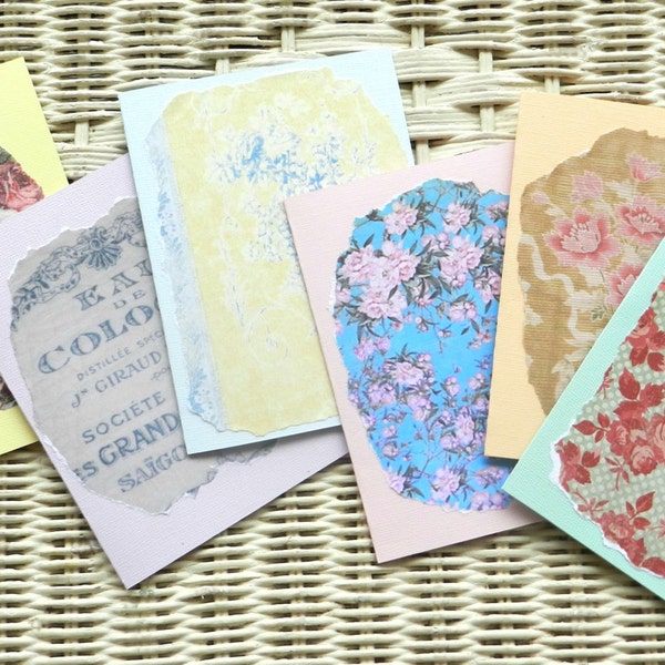 RESERVED FOR HOLLY - shabby notecard set 8 - cottage french style greeting cards - antique wallpaper - handmade - yellow turquoise red pink