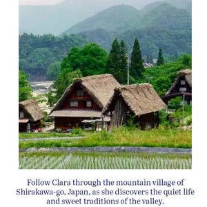 Könnte beinhalten: Ein Musterdokument mit dem Titel The Mysterious Enchanted Lanterns, A Folklore & Fragments EPP Mystery. Es zeigt eine Landschaft mit traditionellen japanischen Häusern mit Strohdächern in Shirakawa-go, Text über Clara und eine kleine Zeichentrickmaus.