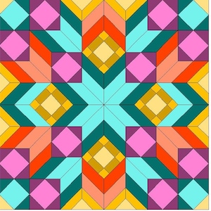 May include: A geometric quilt pattern featuring a central star design in turquoise, surrounded by squares and angled shapes in pink, orange, teal, yellow, and purple. The design is symmetrical and vibrant, with a patchwork aesthetic.