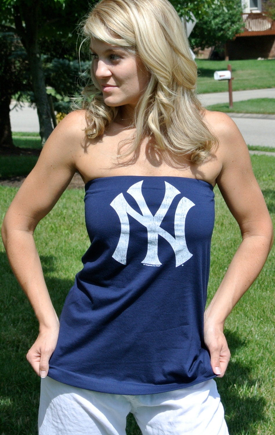 Women's Blue New York Yankees Tube Top Tee Shirt SMALL 