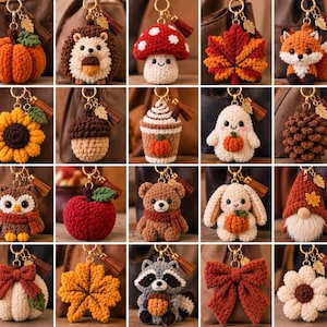Può includere: Una collezione di venti portachiavi all'uncinetto con vari disegni a tema autunnale, tra cui zucche, animali, funghi, foglie e fiori. Ogni portachiavi è fissato a un anello di metallo dorato con un piccolo ciondolo a forma di foglia.