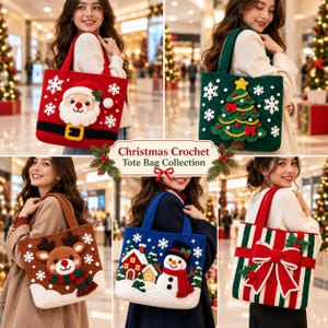 Può includere: Una collezione di cinque borse tote all'uncinetto con motivi natalizi, tra cui Babbo Natale, un albero di Natale, una renna, un pupazzo di neve con una casa e un pacco regalo con un grande fiocco rosso, decorati con fiocchi di neve bianchi.