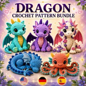 Pode incluir: Um gráfico digital intitulado DRAGON CROCHET PATTERN BUNDLE apresentando cinco figuras de dragão em crochê em várias cores, incluindo azul-petróleo, roxo, creme com flores, azul e um dragão laranja em forma de polvo.