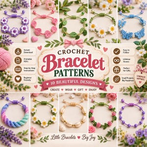 10 virkade armbandsmönster, smaskiga blommiga pärlsmycken (digitalt virkmönster)