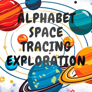 Könnte beinhalten: Ein digitales Lernposter mit dem Titel ALPHABET SPACE TRACING EXPLORATION, das bunte Cartoon-Planeten, Ringe und Sterne vor einem hellvioletten kosmischen Hintergrund zeigt. Der Text LjmcKelly Learning Printables steht unten.