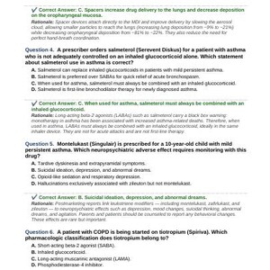 Könnte beinhalten: Eine Seite mit medizinischem Lernmaterial, die Multiple-Choice-Fragen zu Asthma- und COPD-Medikamenten enthält. Der Text umfasst Fragen zu Salmeterol, Montelukast und Tiotropium sowie die dazugehörigen richtigen Antworten und Erklärungen.
