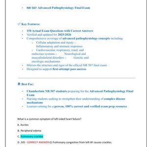 May include: A document titled NR 507 Advanced Pathophysiology Final Exam containing 150 actual exam questions with correct answers. It covers cellular adaptation, immune responses, and various body system disorders for nursing students.