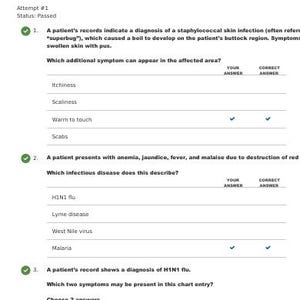 Puede incluir: Un documento digital titulado PRE-ASSESSMENT: PATHOPHYSIOLOGY (PCCO) que muestra un estado de aprobado para el intento 1. La página contiene tres preguntas de opción múltiple sobre diagnósticos médicos con marcas de verificación correctas.