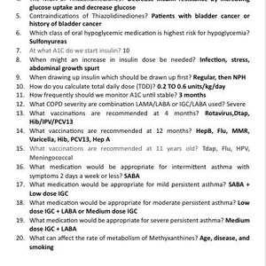 May include: A white document featuring a numbered list of twenty-one medical study questions and answers in black text. The content covers topics such as Metronidazole dosing, insulin management, vaccination schedules, asthma medications, and contraindications.