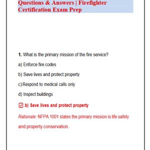 May include: A document page titled Firefighter 1 Final Exam 2026/2027, Firefighter I Study Guide, Practice Questions & Answers, Firefighter Certification Exam Prep. It displays question 1 regarding the primary mission of the fire service with options.