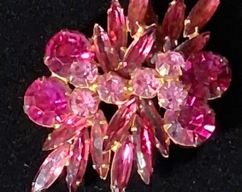 Vintage Unmarked Pink Rhinestone Floral Brooch