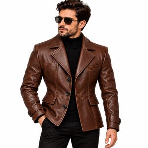 Men Brown Faux Leather Blazer Jacket Tailored Vintage Style Double Button Coat