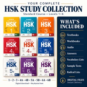 May include: A digital HSK study collection featuring textbooks for levels 1 through 6. The image displays nine colorful book covers with Chinese and Vietnamese text, alongside a list of included digital materials like audio, workbooks, and tests.