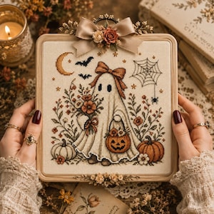 Halloween spöke korsstygnsmönster, söt spökpumpa broderi, läskig höst PDF-mönster, digital nedladdning