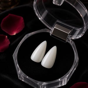 May include: A pair of smooth, white, pointed vampire fangs resting inside a small, clear, circular plastic storage case with a hinged lid. The case features a black interior lining, providing a stark contrast to the bright white colour of the fangs.