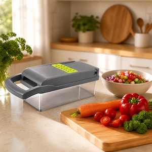 Puede incluir: Un picador de verduras gris con una base de plástico transparente y un acento verde lima en el mango superior. La herramienta de cocina presenta un diseño rectangular con un mecanismo de tapa abatible, junto a una tabla de cortar con verduras.