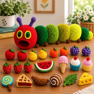 May include: A large red, green, and yellow crocheted caterpillar toy with purple antennae, accompanied by a collection of small crocheted food items including fruits, a slice of watermelon, an ice cream cone, cupcakes, and a slice of cheese.