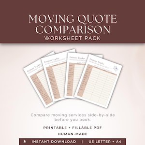May include: A Moving Quote Comparison Worksheet Pack featuring four white printable and fillable PDF pages with light brown columns and rows. The text reads Moving Quote Comparison Worksheet Pack, Estimate Tracker, and Compare moving services side-by-side before you book. Printable + Fillable PDF, Human-made, Instant Download, US Letter + A4.